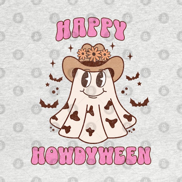 Western Halloween Ghost Happy Howdyween Pink Retro Cow by PUFFYP